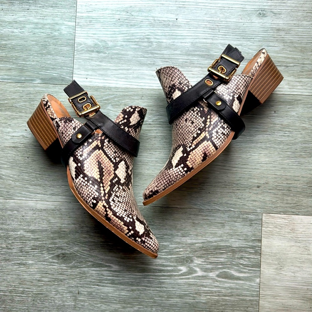 Vici Snakeskin Pattern Ankle Booties with Black Buckle